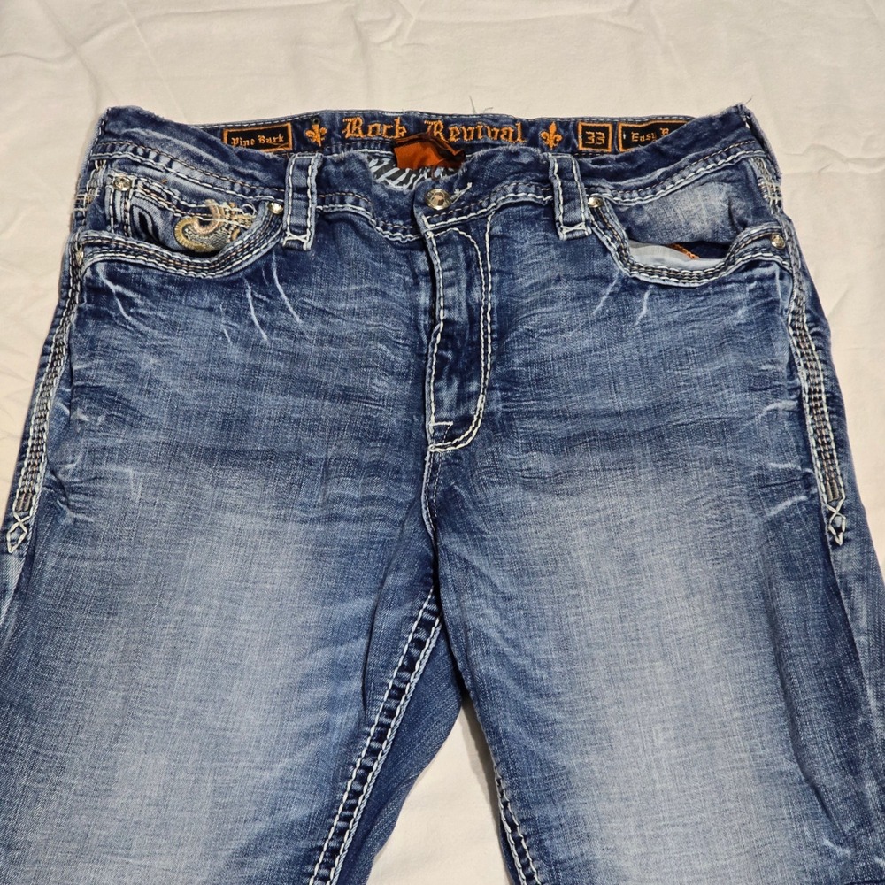 Rock Revival Pine Bark Easy Boot Jeans Mens 33 Blue Distressed Embellished